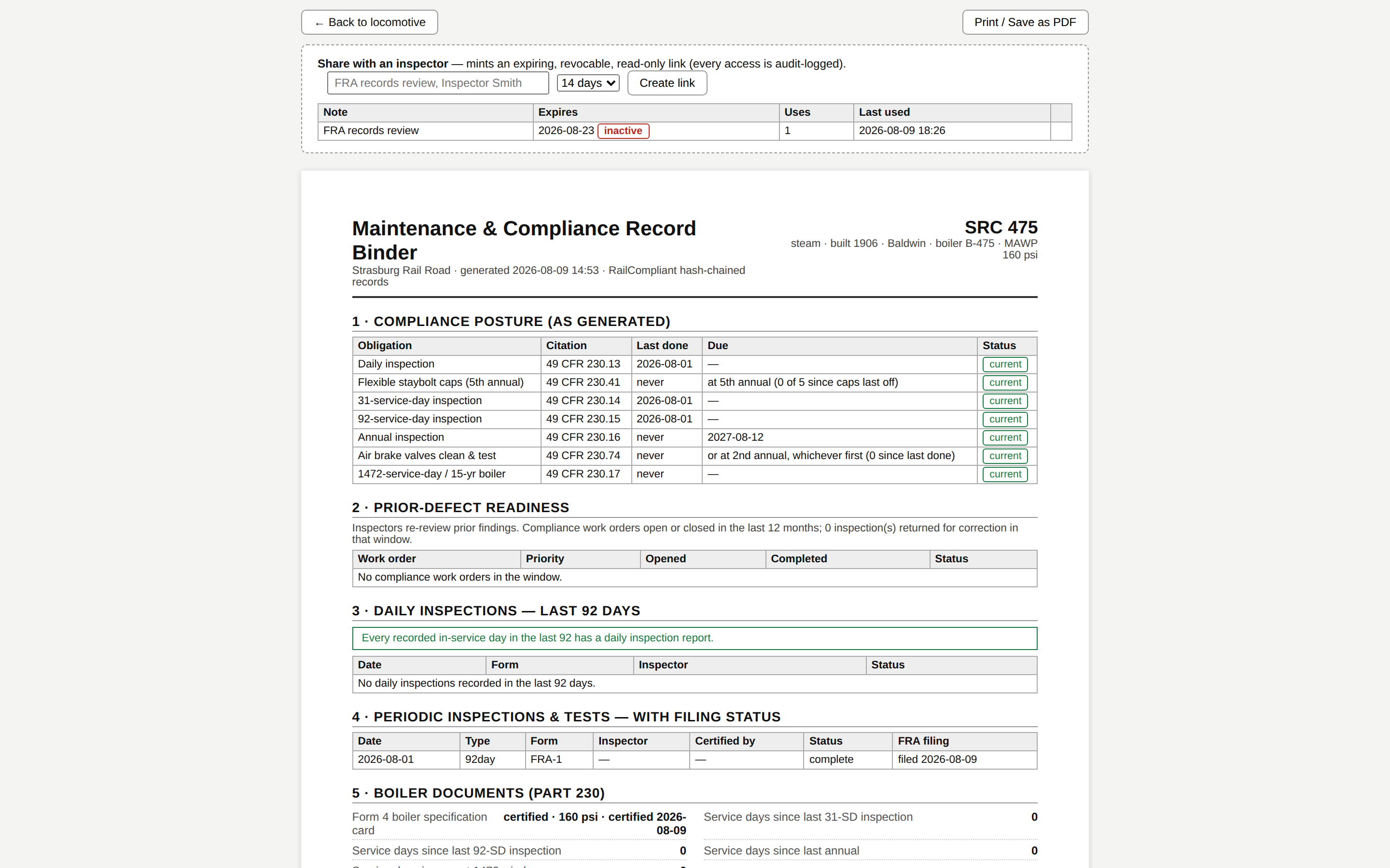 FRA audit binder for a steam locomotive with inspector share links