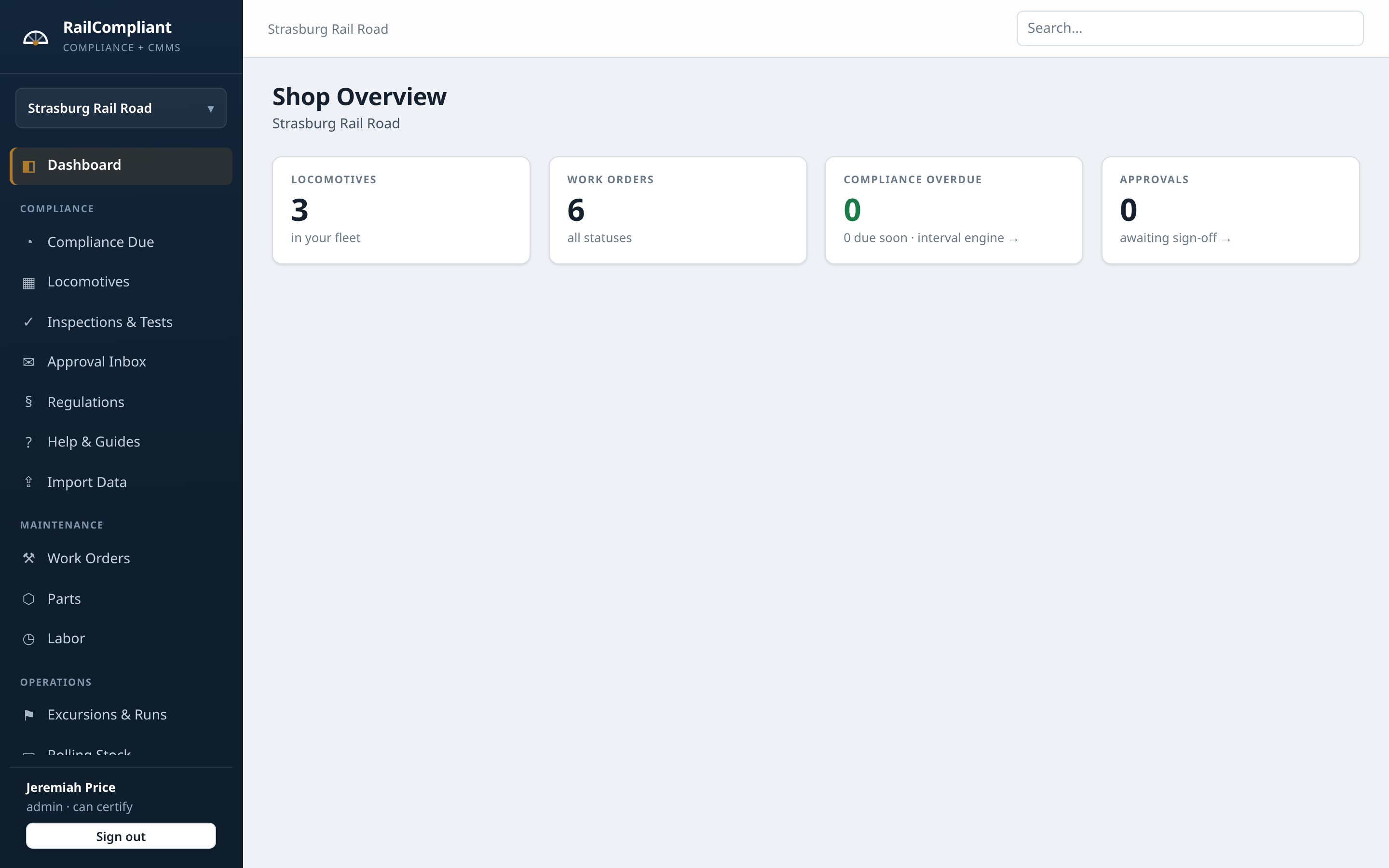 RailCompliant shop overview dashboard for a heritage railroad
