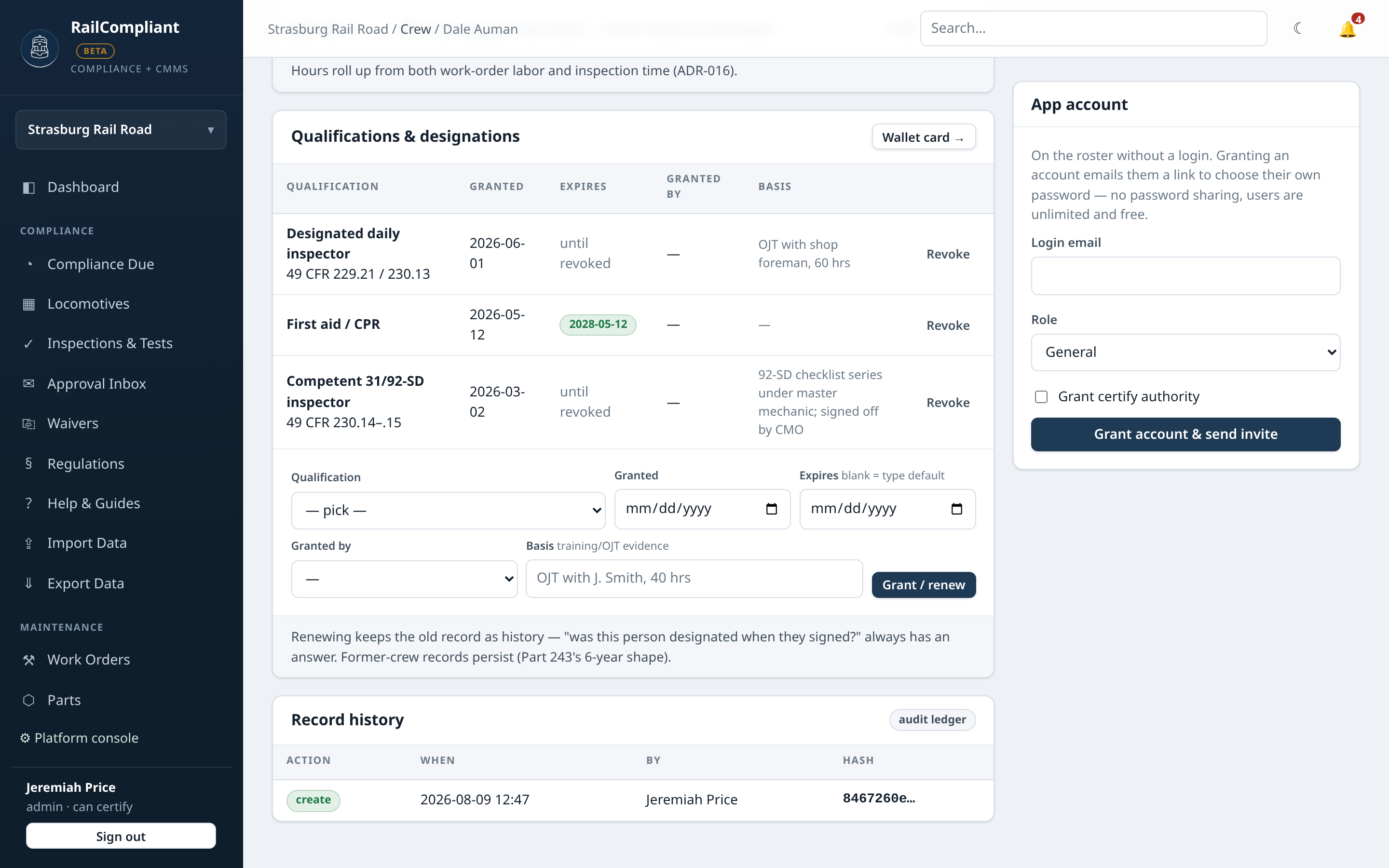 Crew qualifications and inspector designations with expiry tracking