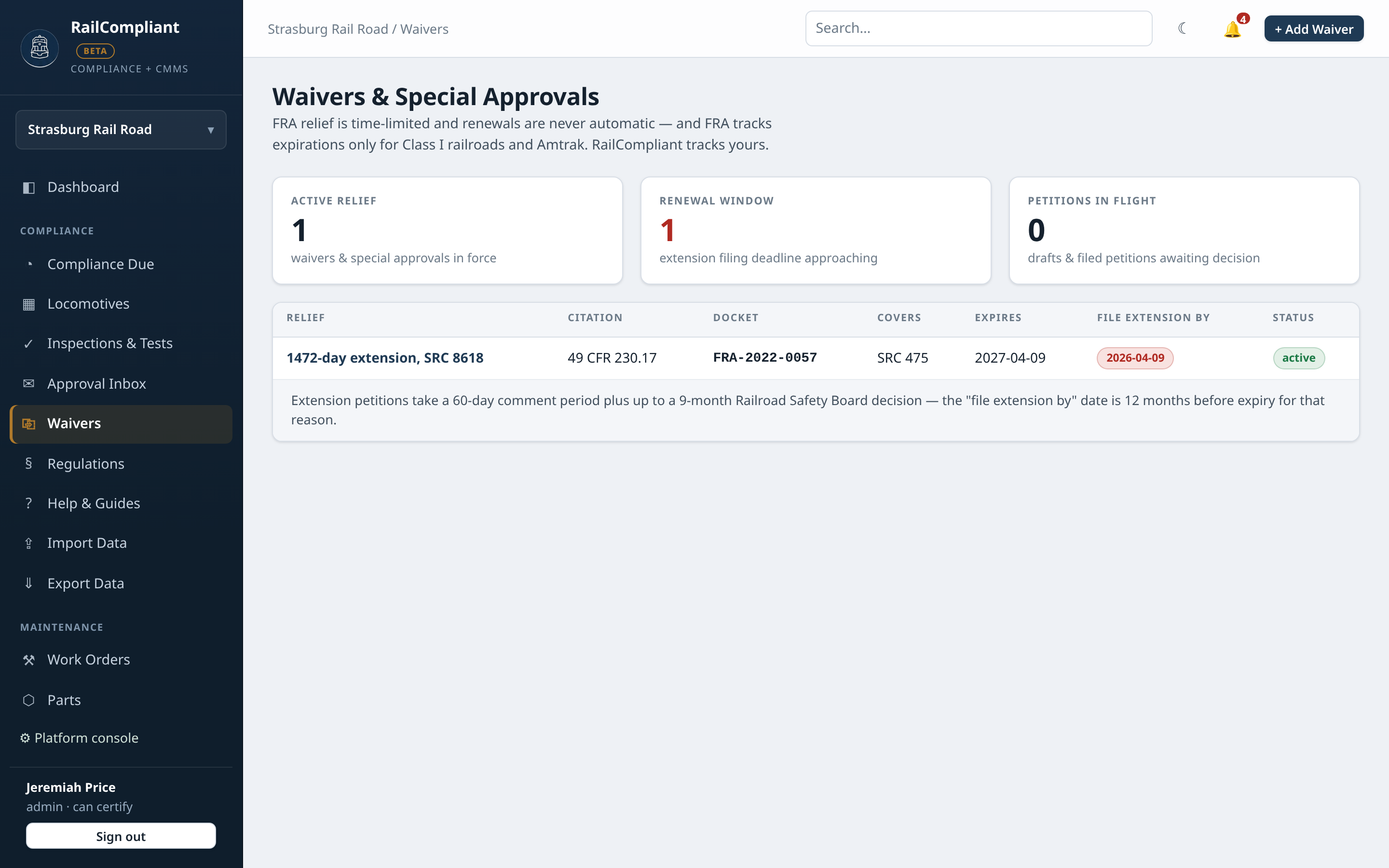 FRA waiver and special approval registry with renewal deadlines