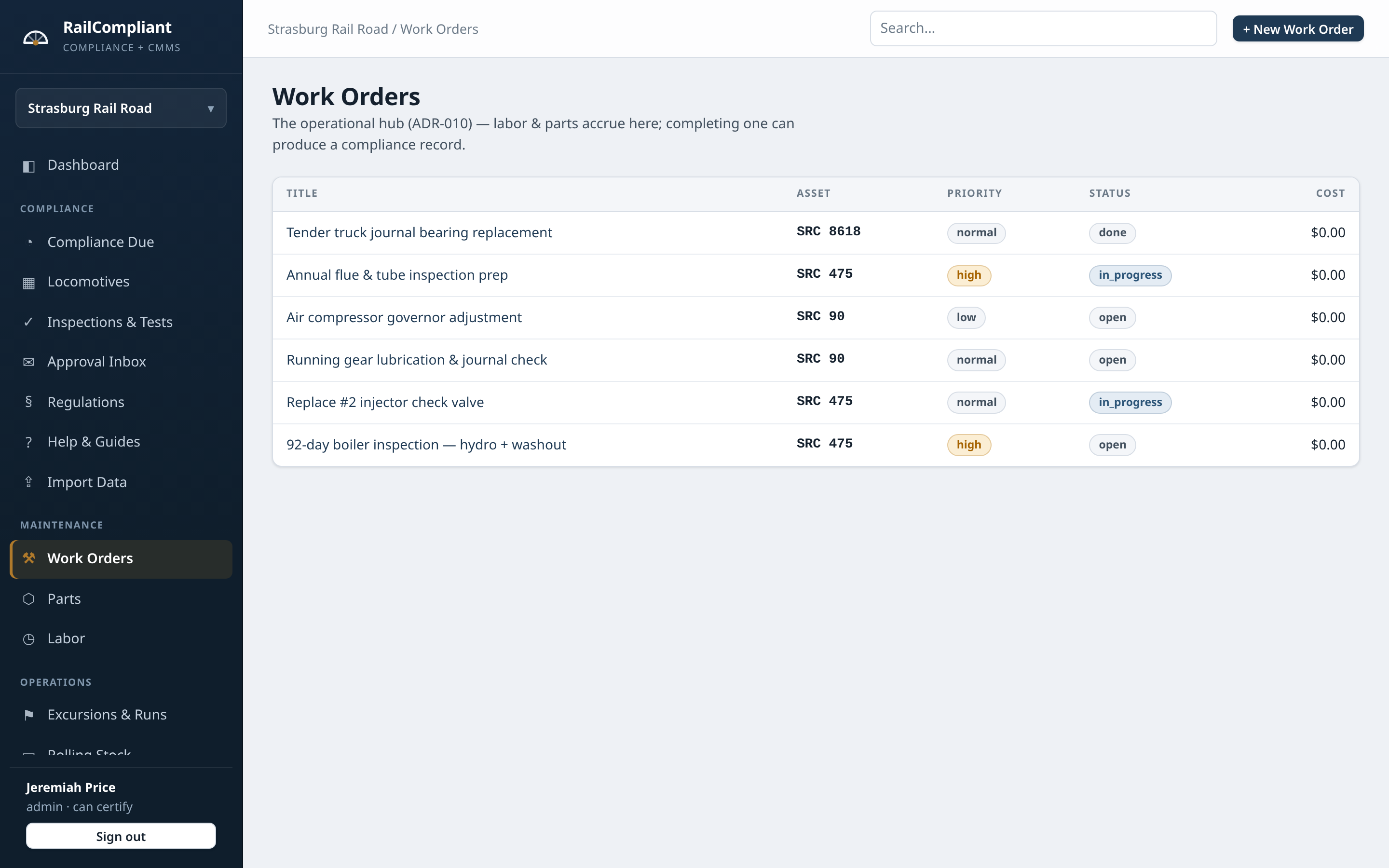 Work orders and maintenance shop for a heritage railroad